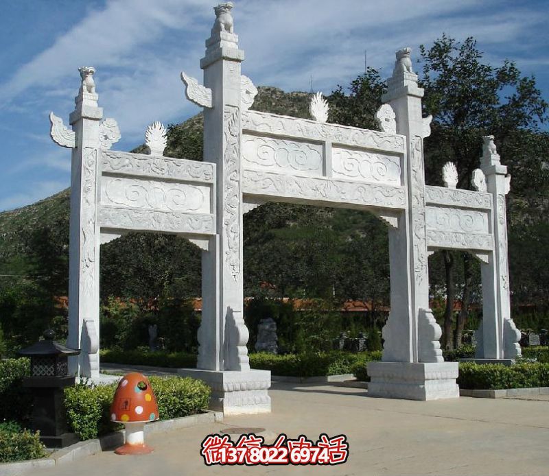 精致園林景觀，漢白玉華表浮雕祥云門樓石牌坊