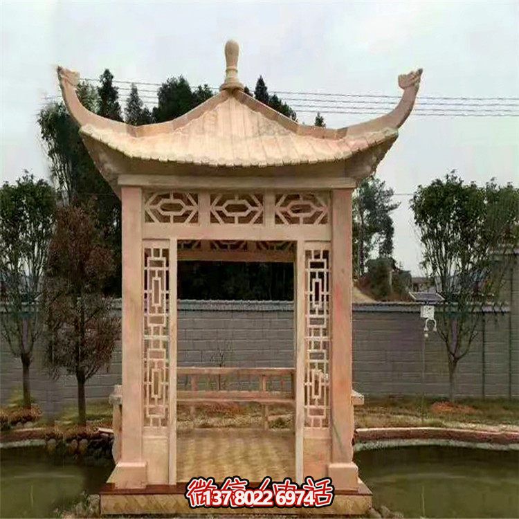 紅石雕鏤涼亭，晚霞中空中創(chuàng)意雕塑